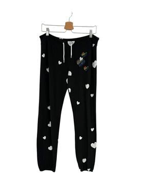 Monrow‎ Heart Print Pride Rhinestone Jogger Sweatpants Black Drawstring Small